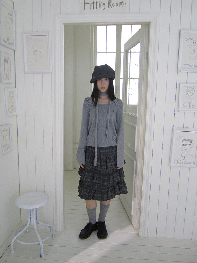 Vintage Gray Plaid Tiered Ruffle Skirt