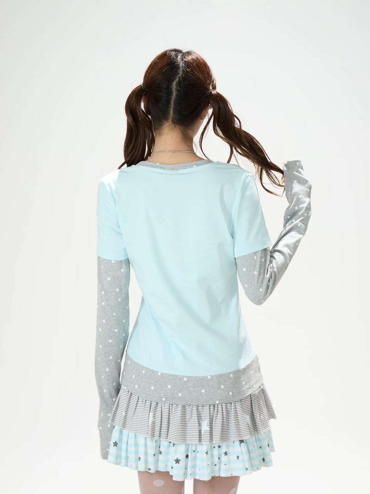Anime Girl Polka-Dot Layered Long Sleeve Top & Star Tiered Ruffle Mini Skirt