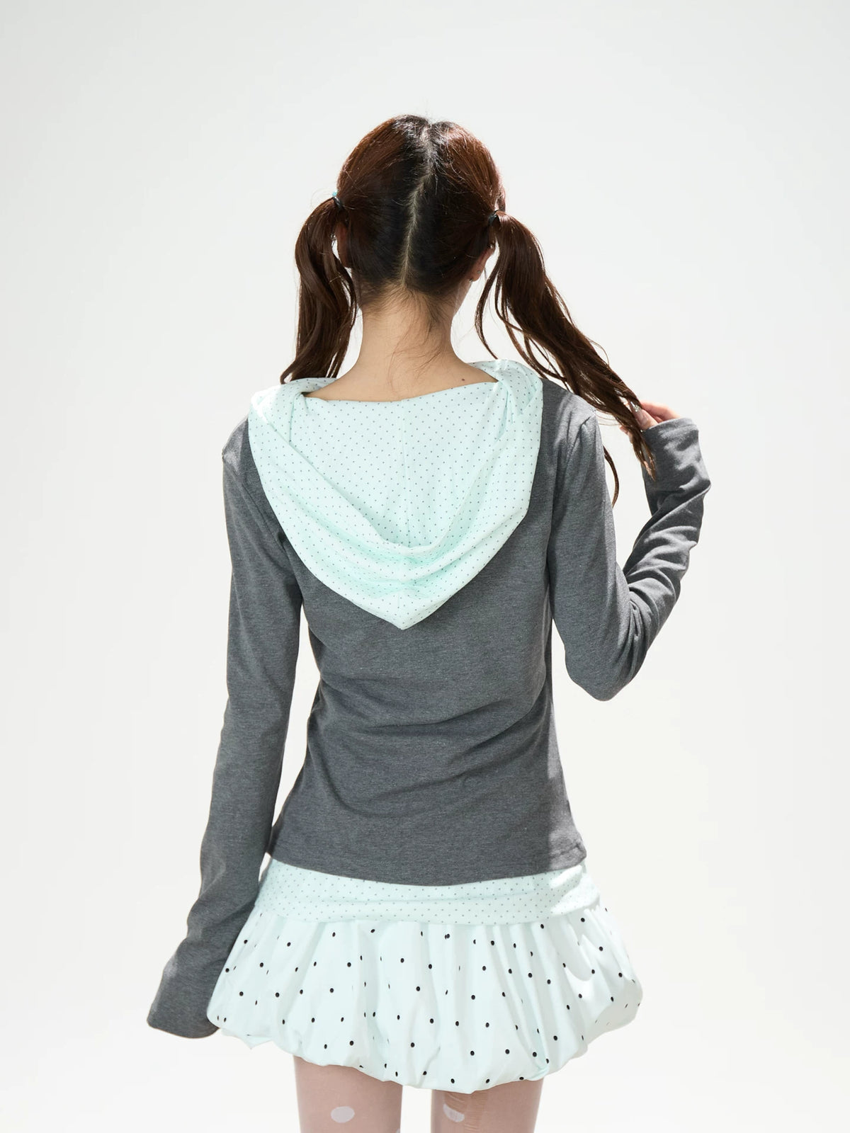 Polka Dot Layered Hooded Long Sleeve Top & Lace-Trim Bubble Mini Skirt