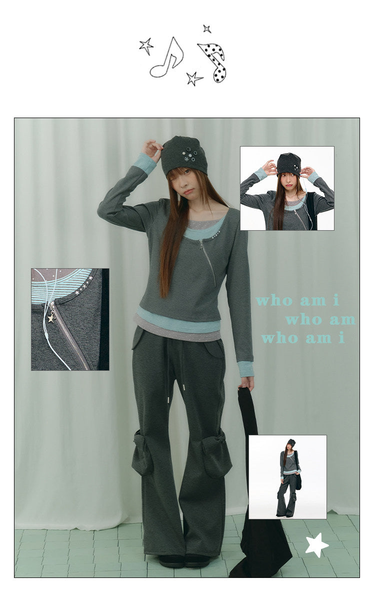 Diagonal Zip Faux-Layer Long Sleeve Top