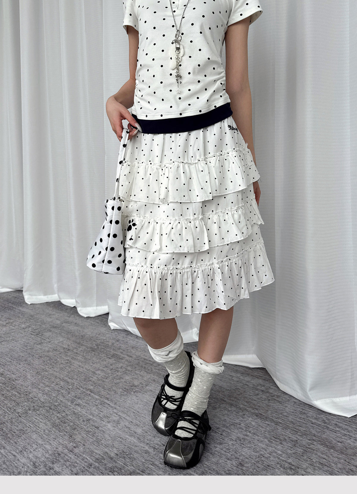 Paw Embroidered Polka Dot Tiered Midi Skirt