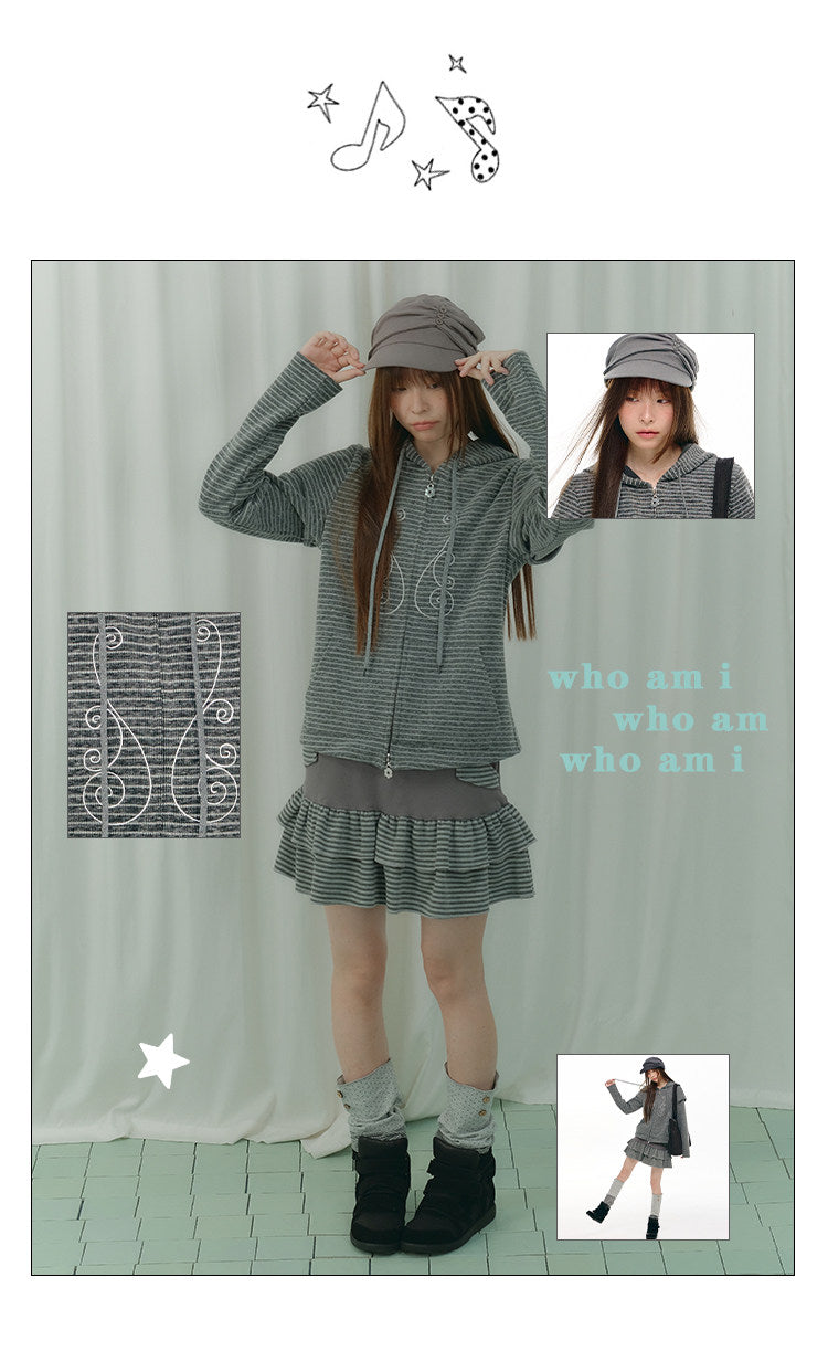 Charcoal Stripe Music Note Faux-Layer Zip Hoodie