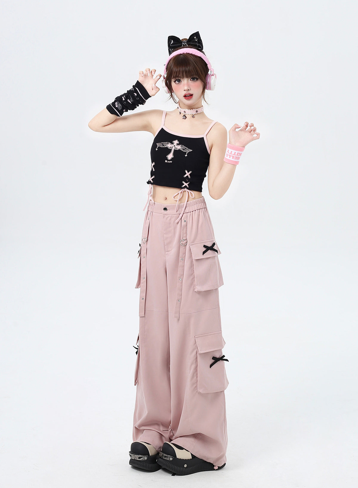 Heart Bow Pocket Wide-Leg Cargo Pants