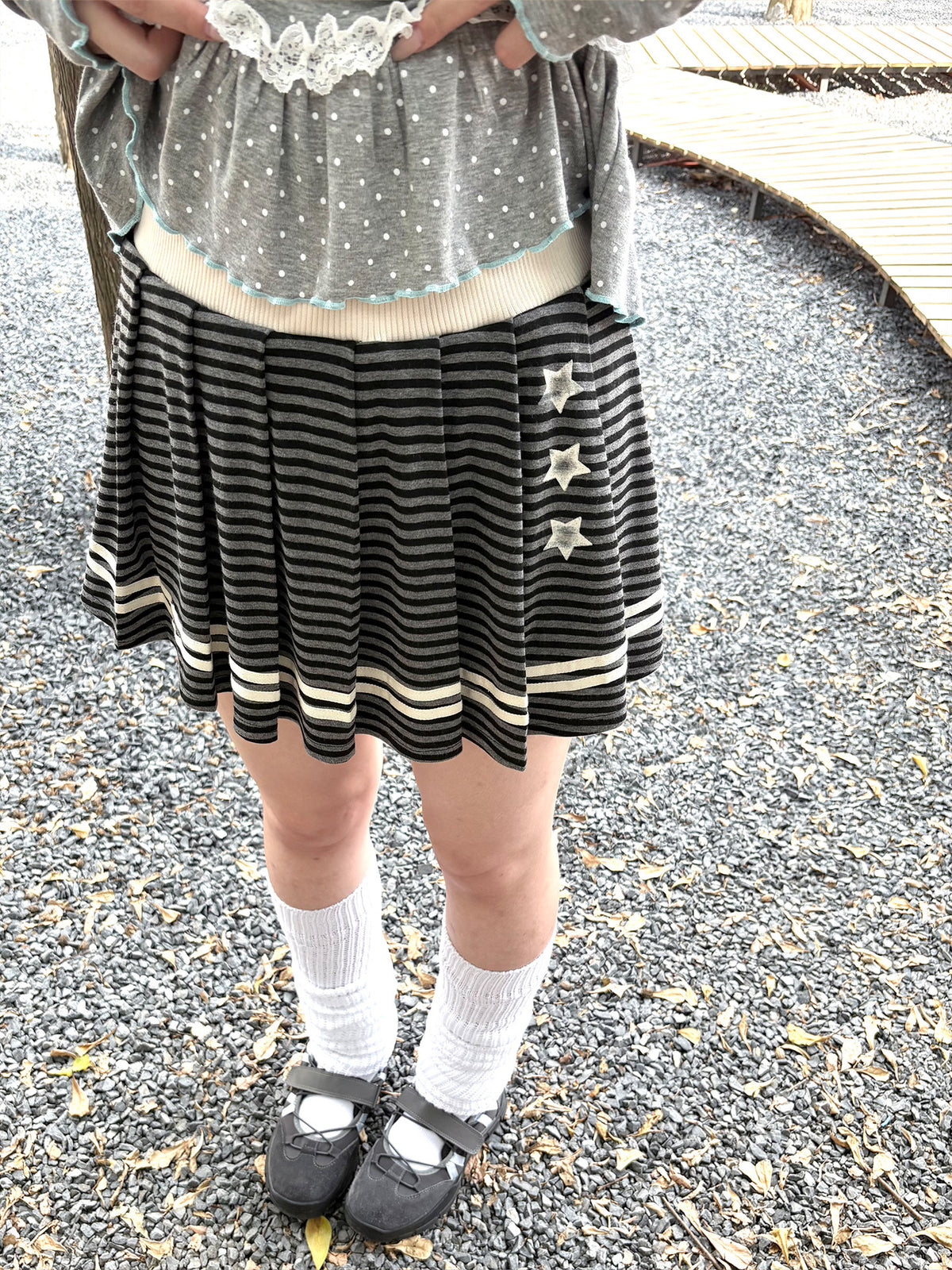 Charcoal Striped Star Pleated Mini Skirt