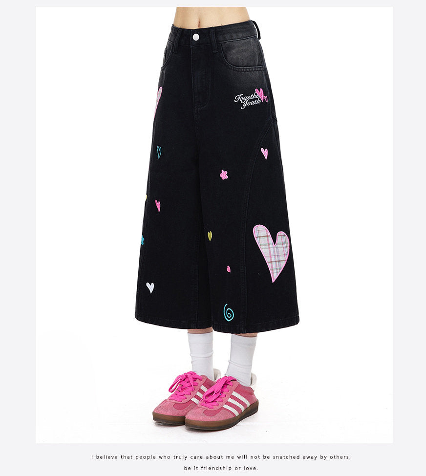 Plaid Heart Patch Cropped Wide-Leg Jeans