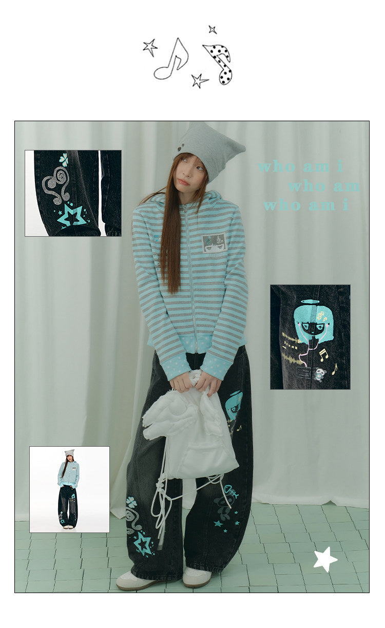 Washed Black Cartoon Music Note Barrel-Leg Jeans