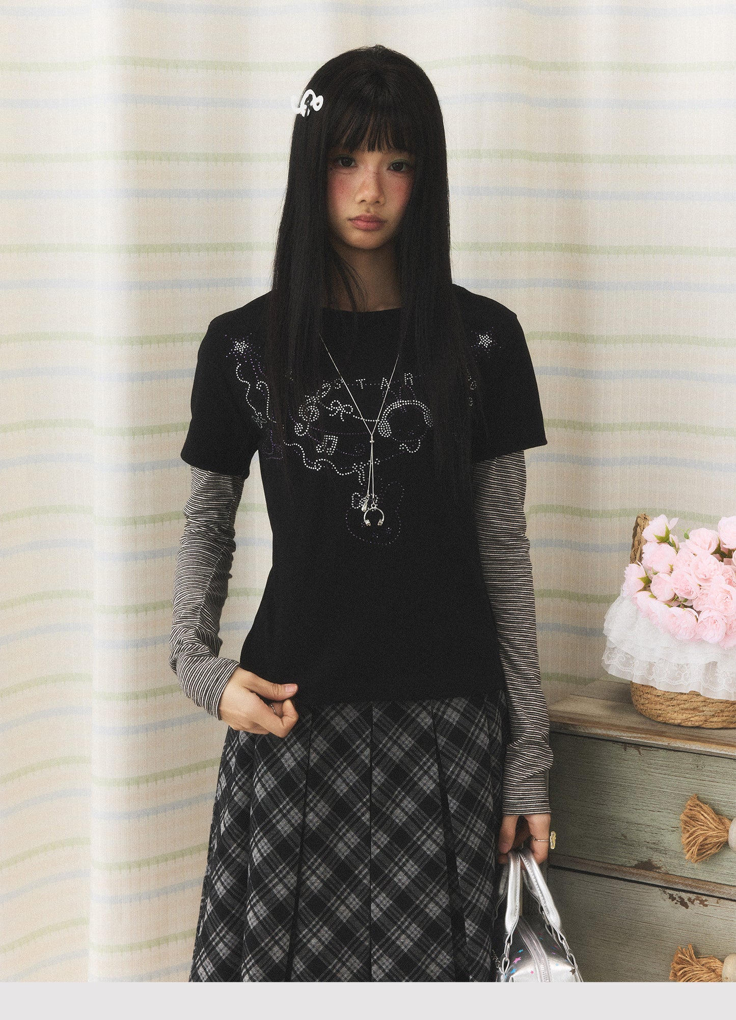 Rhinestone Melody Faux-Layer Stripe Long-Sleeve Tee