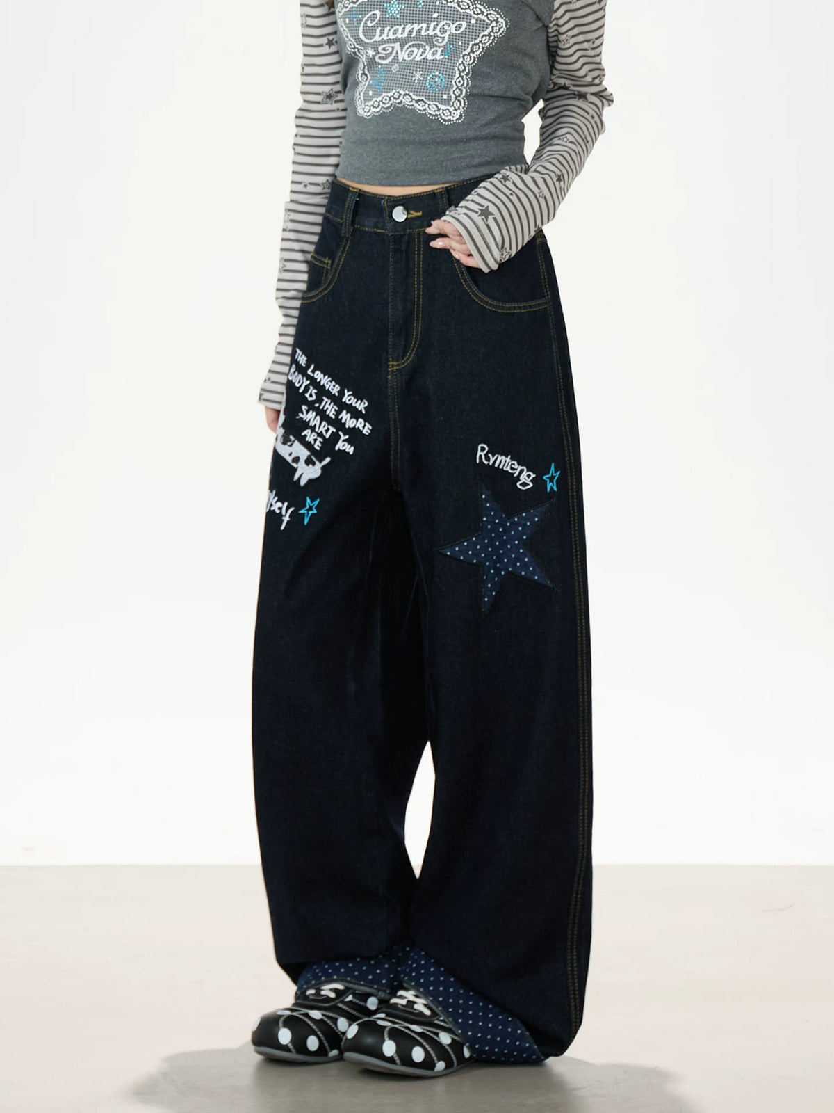 Dolphin Embroidered Polka Dot Wide-Leg Jeans