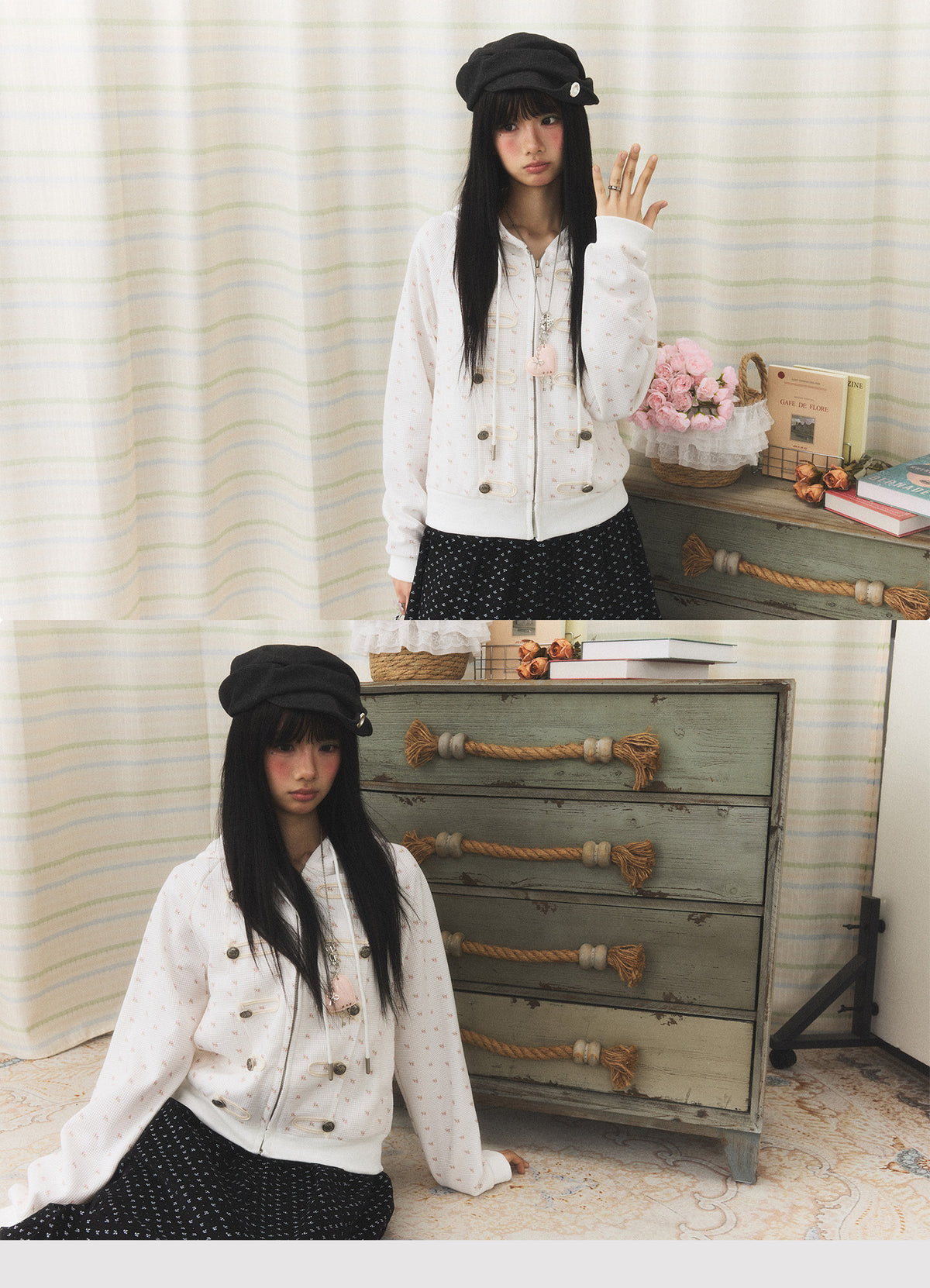 Floral Waffle Toggle Zip-Up Hoodie