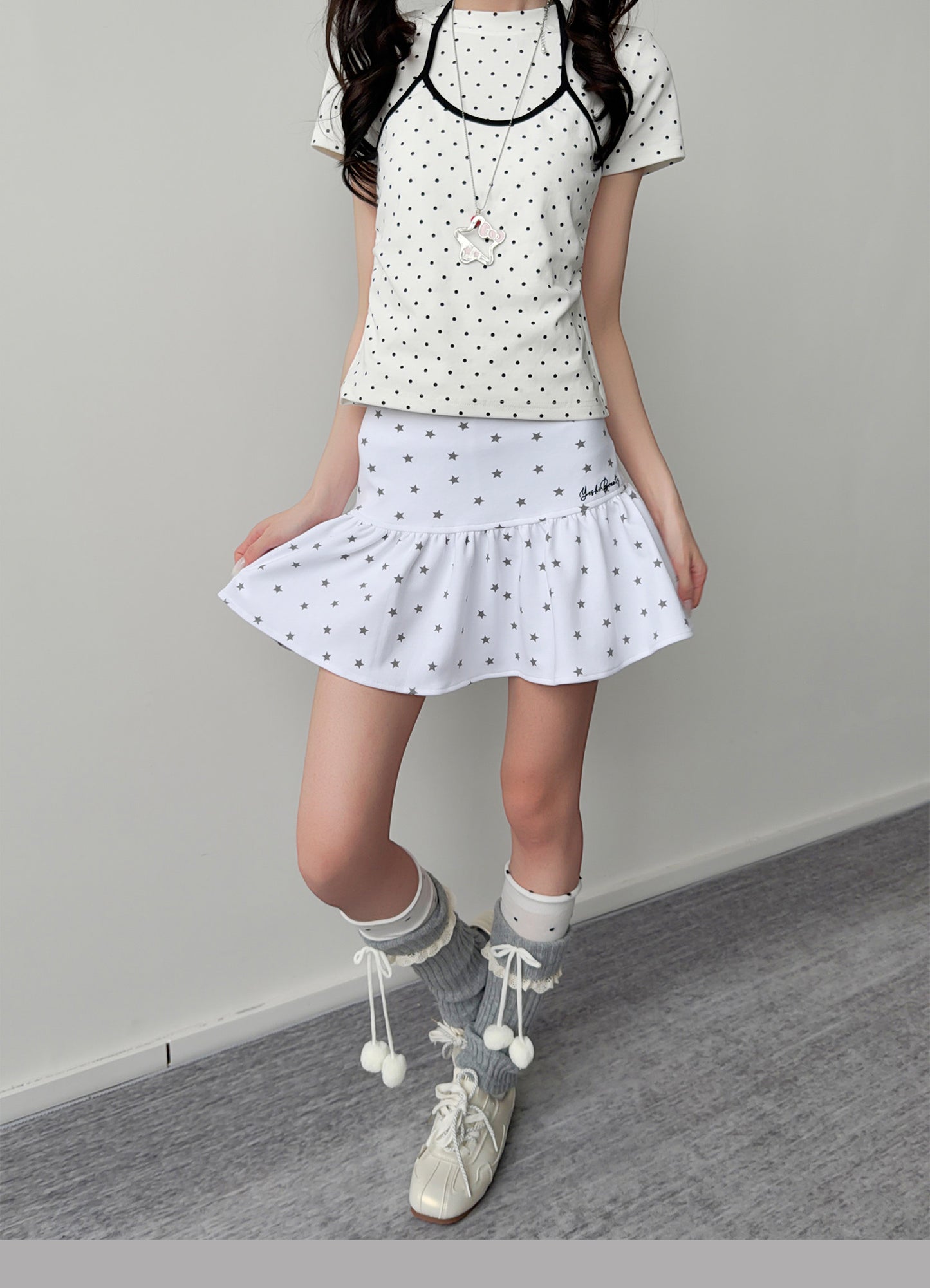 Polka Dot Faux-Layer Halter Fitted Tee