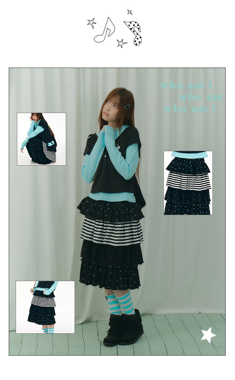 Star Stripe Tiered Ruffle Midi Skirt