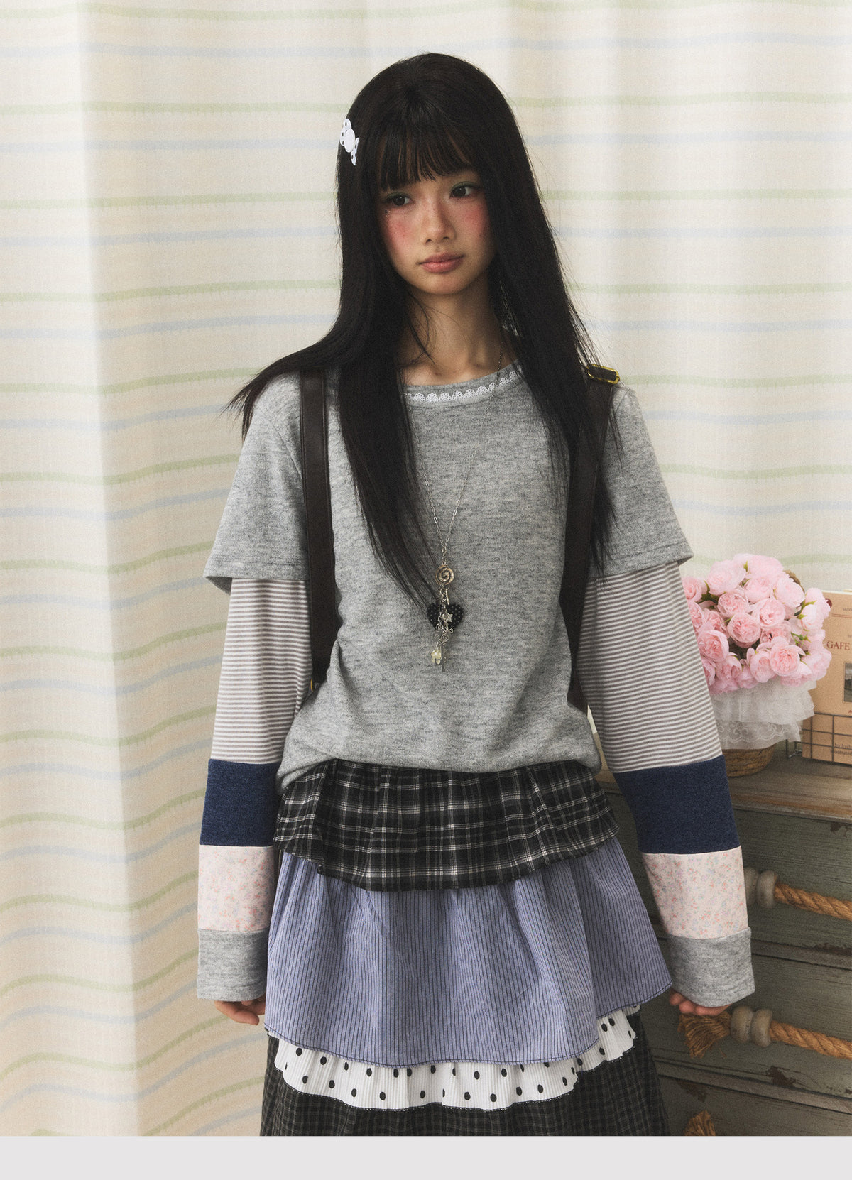 Lace-Trim Patchwork Faux-Layered Long Sleeve Top