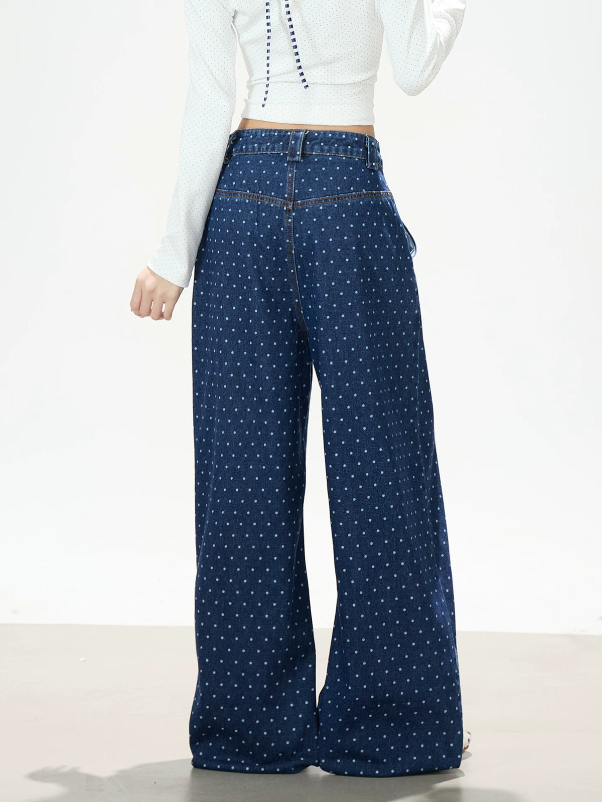 Dolphin Embroidered Polka Dot Wide-Leg Jeans