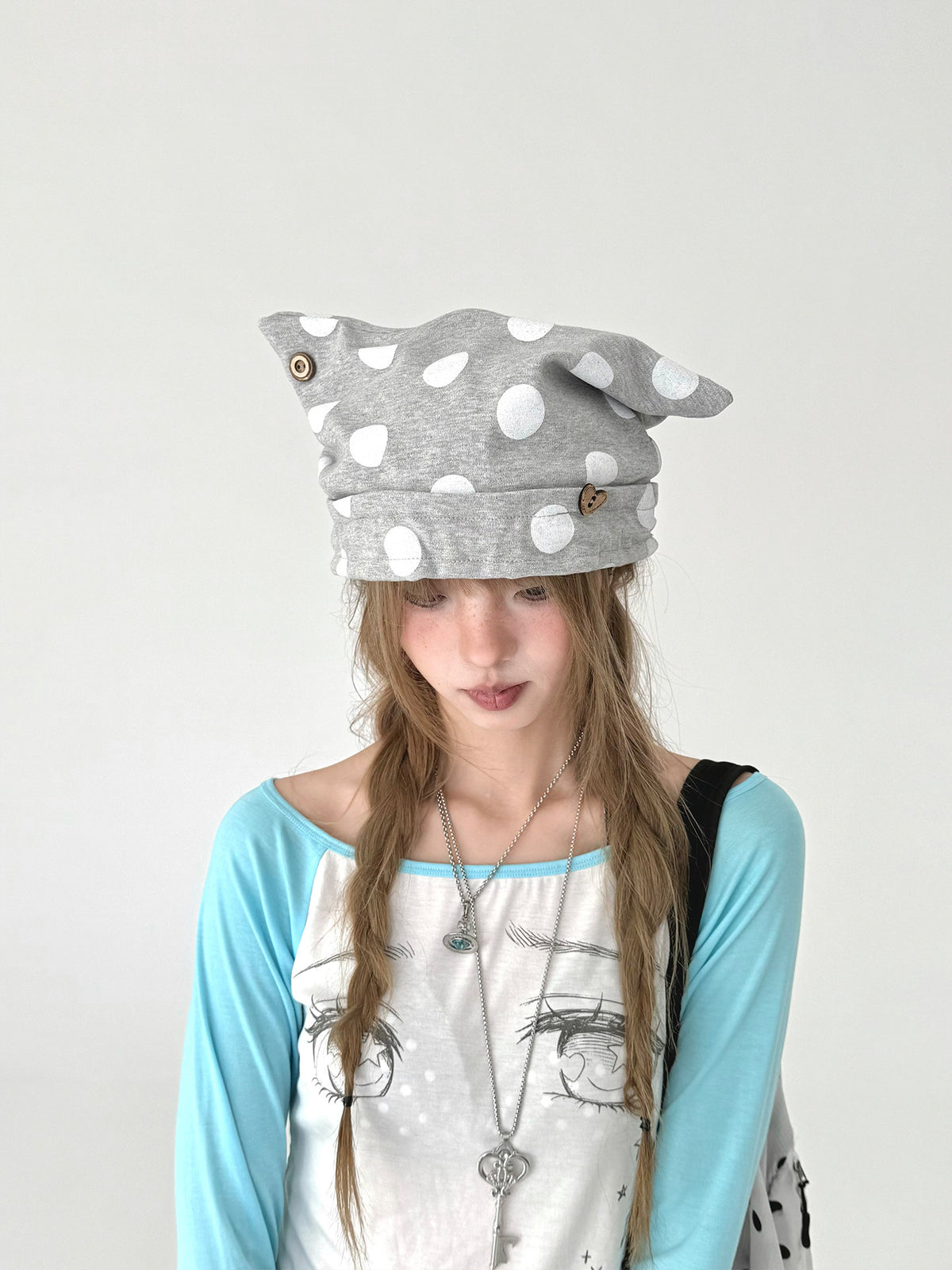 Gray Polka Dot Cat Ear Adjustable Hat (Preorder)