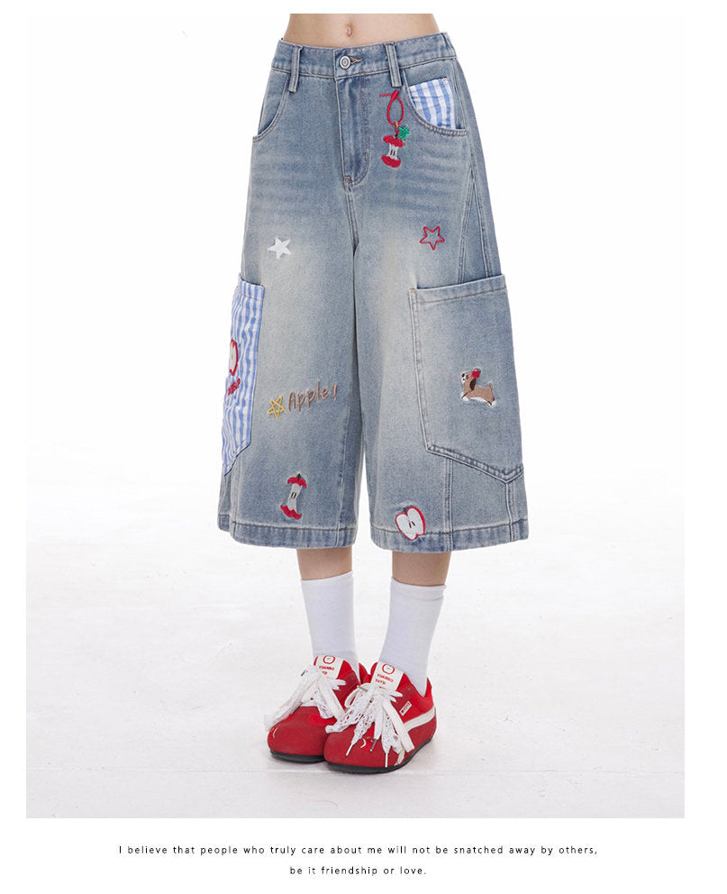 Apple Plaid Cropped Wide-Leg Jeans