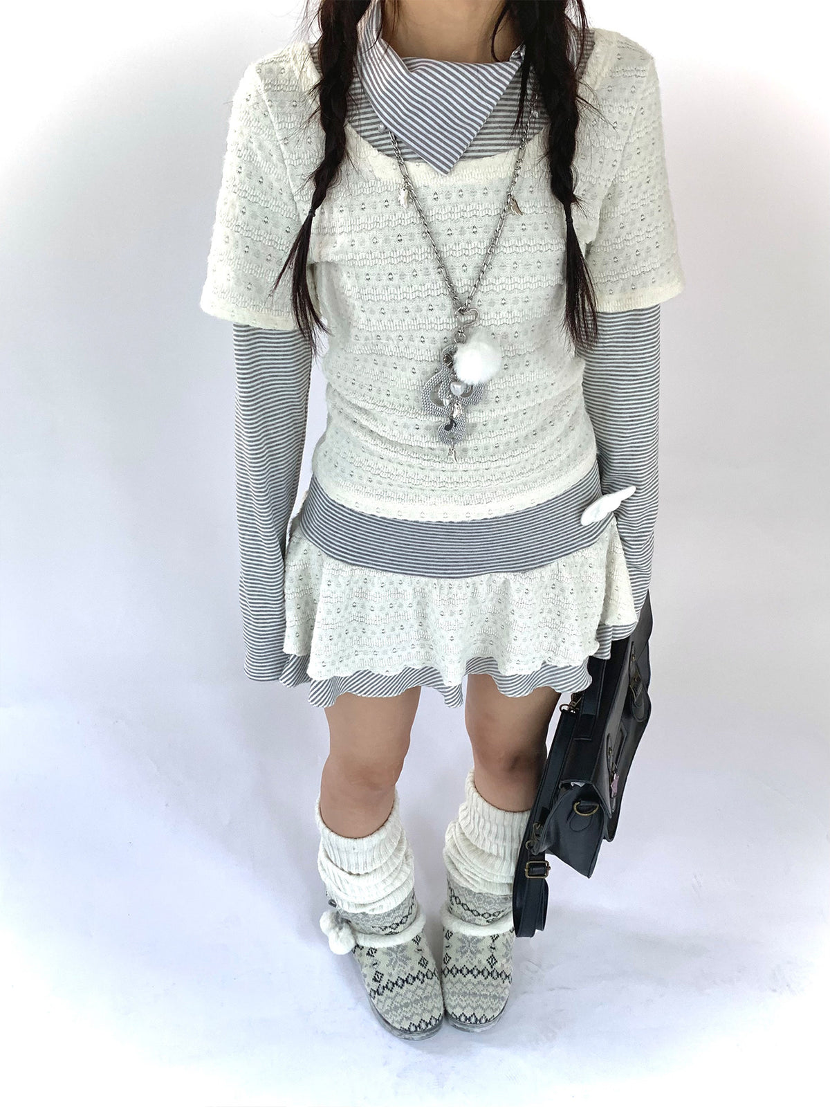 Milk Mist Lace & Stripe Faux-Layer Mini Dress