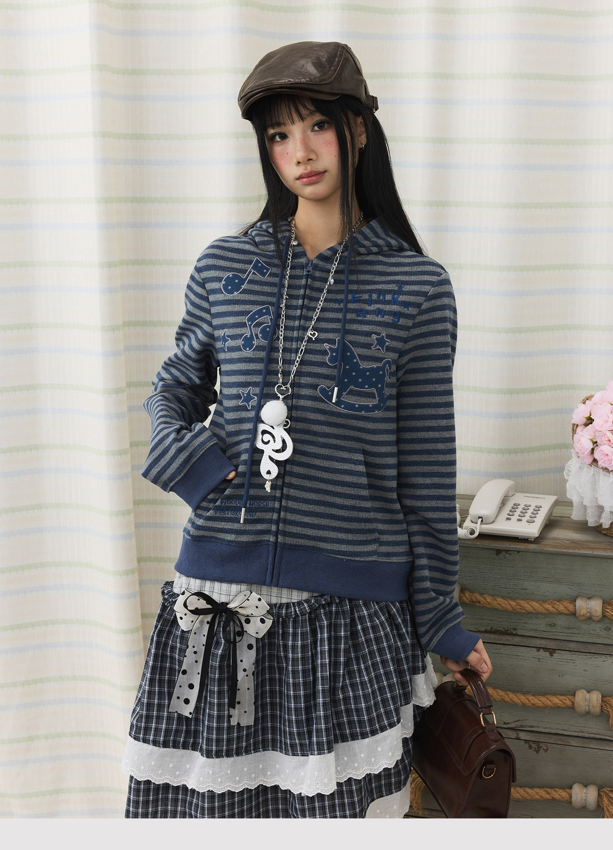 Striped Rocking Horse Embroidered Zip-Up Hoodie