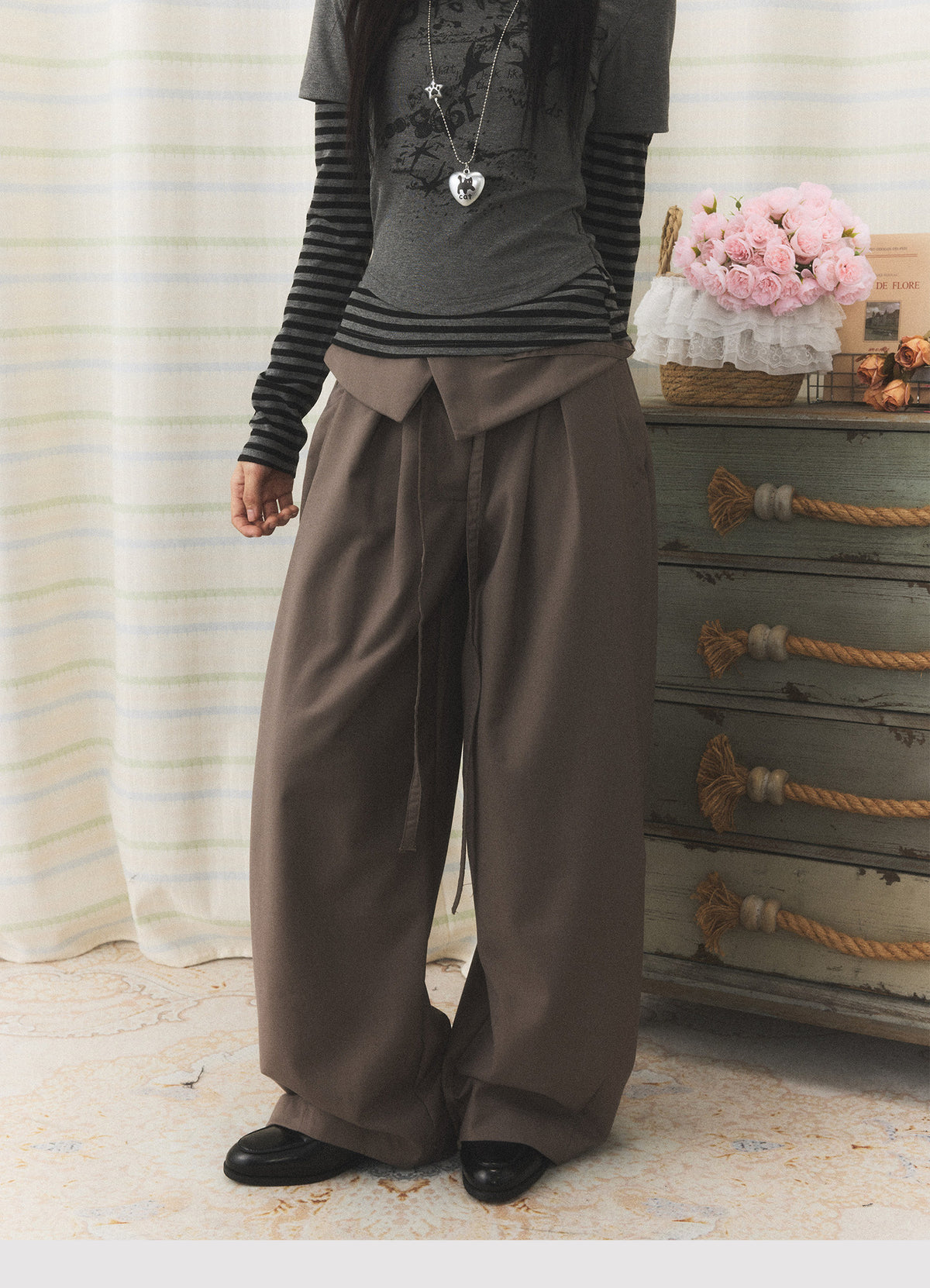 Foldover Tie Wide-Leg Trousers