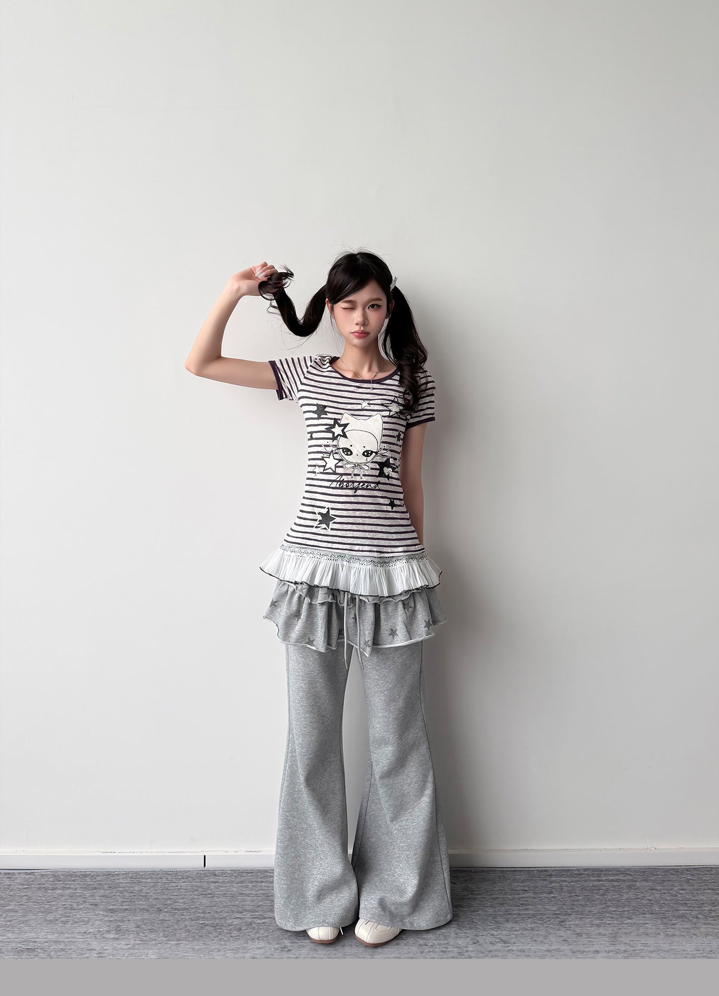 Purple Stripe Star Girl Ruffle-Hem Tee
