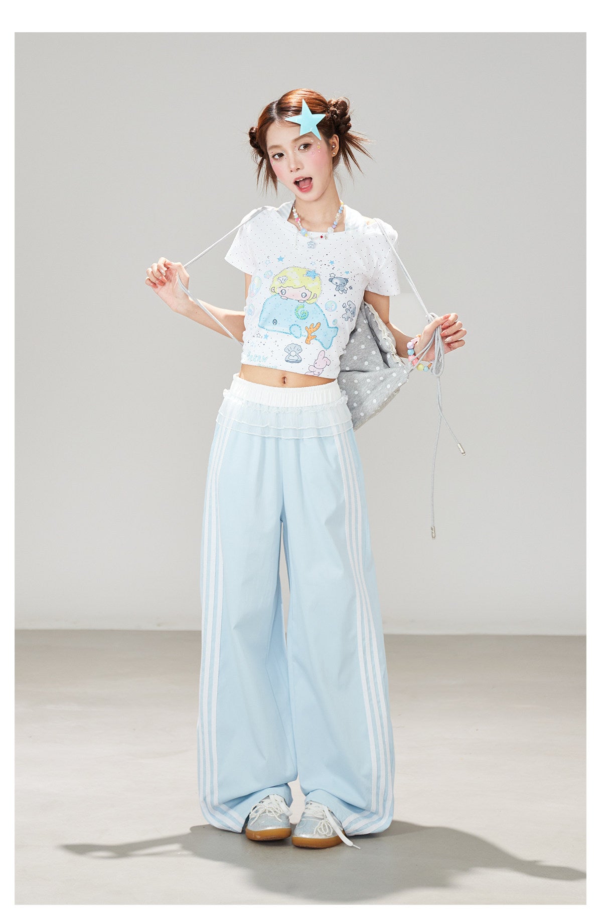 Ruffle Waist Side Stripe Wide-Leg Pants