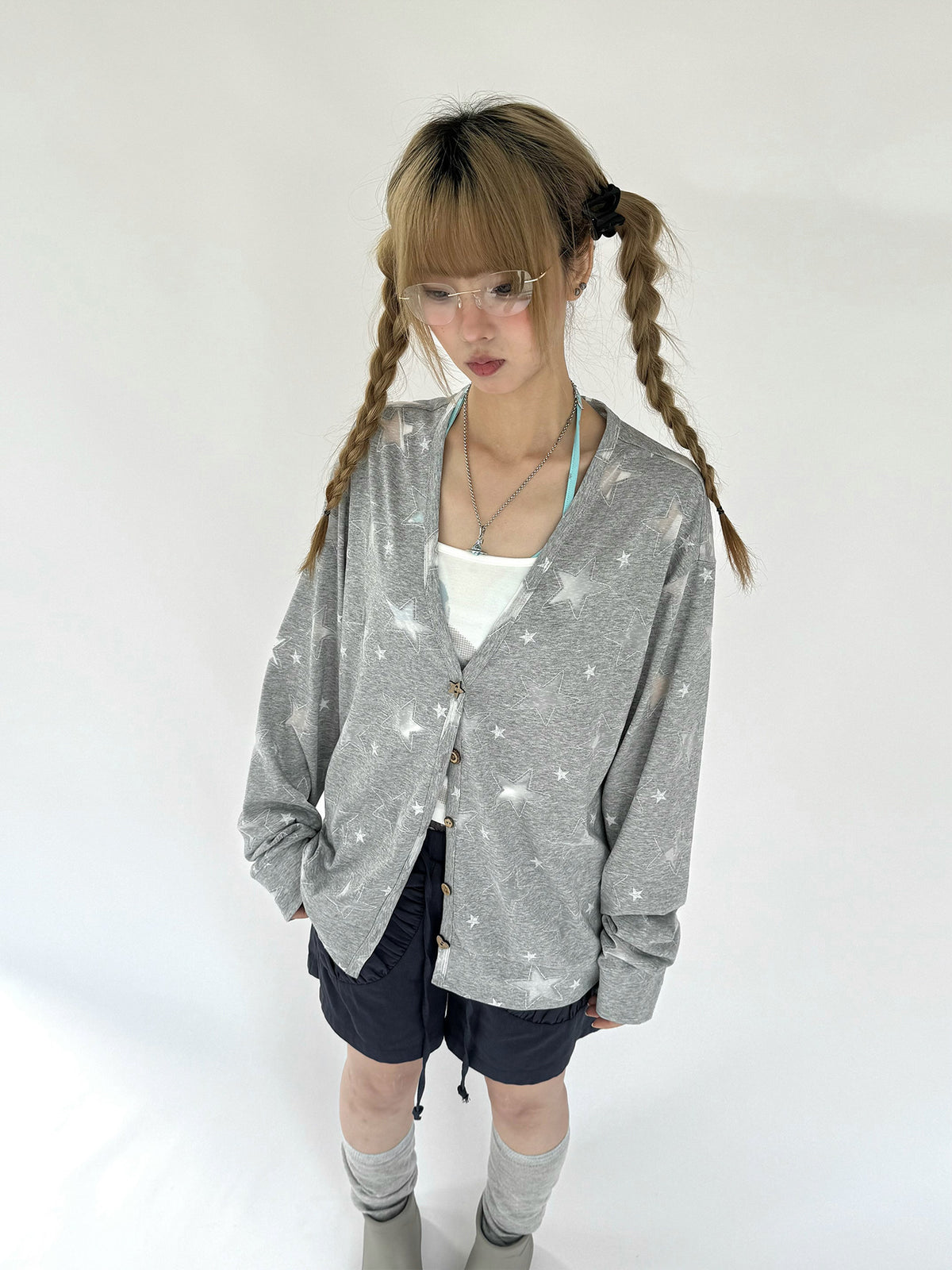Star Print Lightweight V-Neck Cardigan