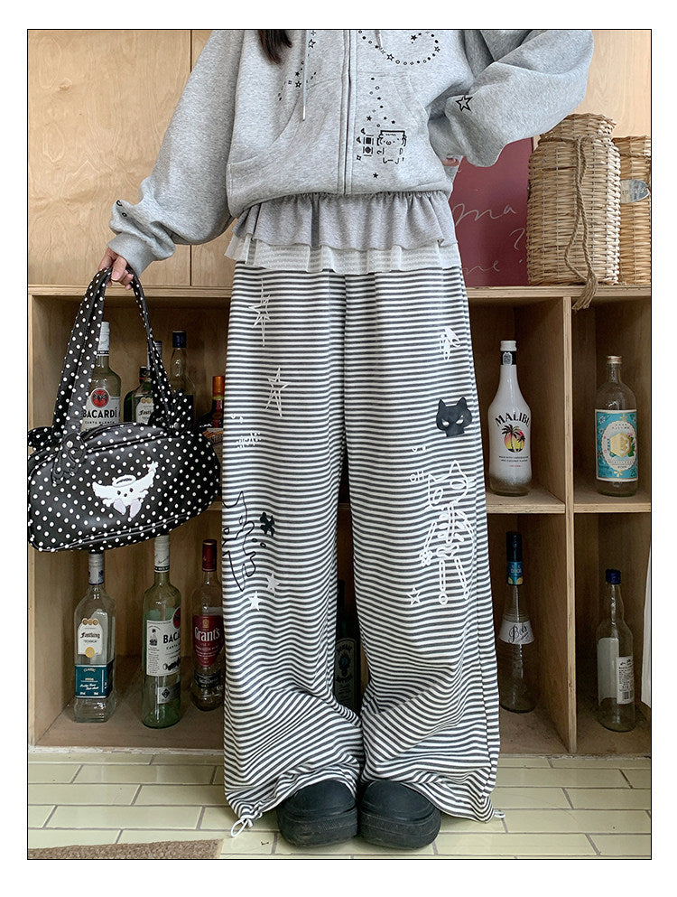 Cartoon Cat Stripe Drawstring Wide-Leg Sweatpants