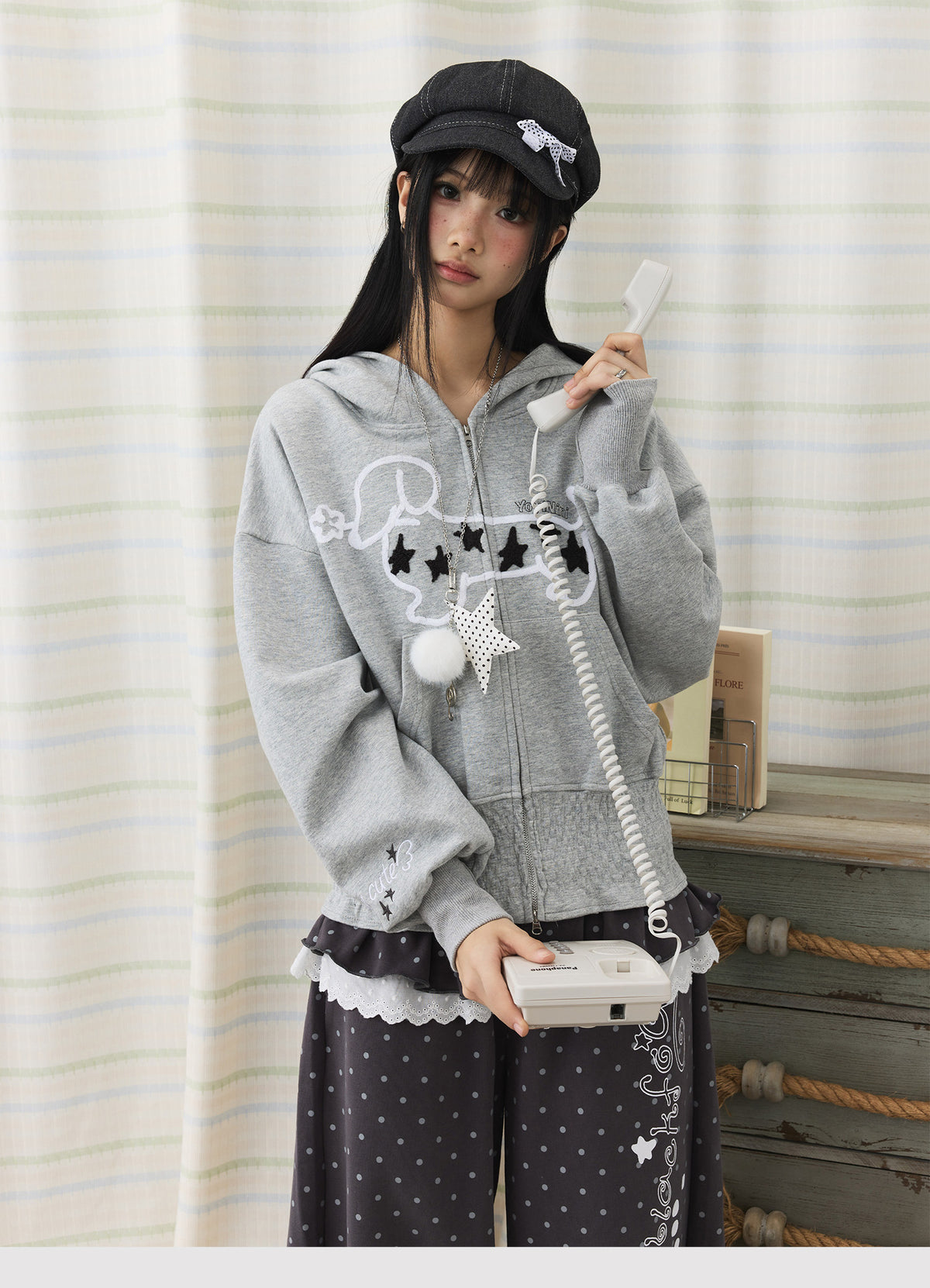 Star Puppy Smocked-Waist Zip-Up Hoodie