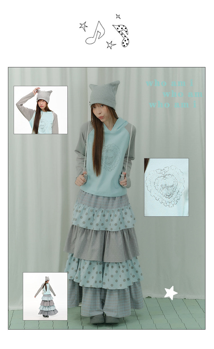 Mint Heart Contrast Hooded Long Sleeve Top
