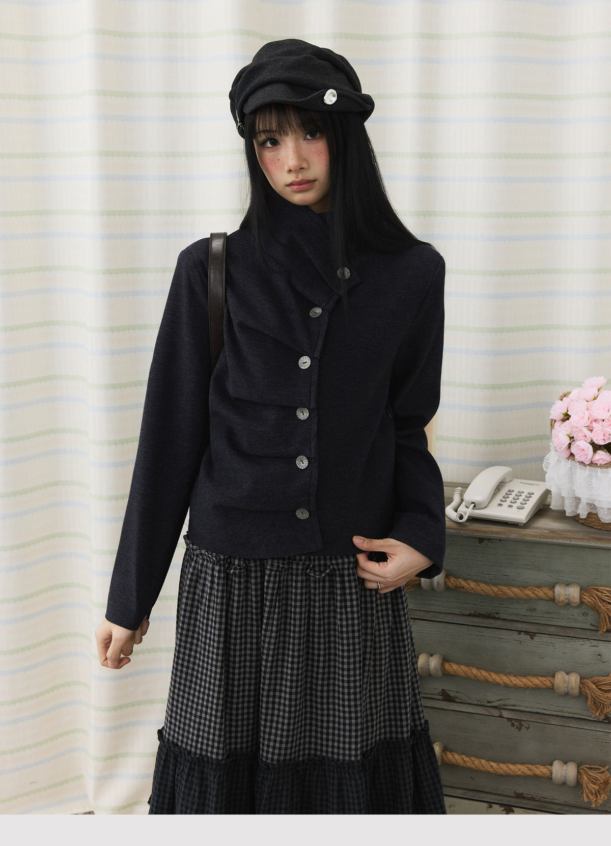 Asymmetric Pleated Collar Cropped Button Jacket