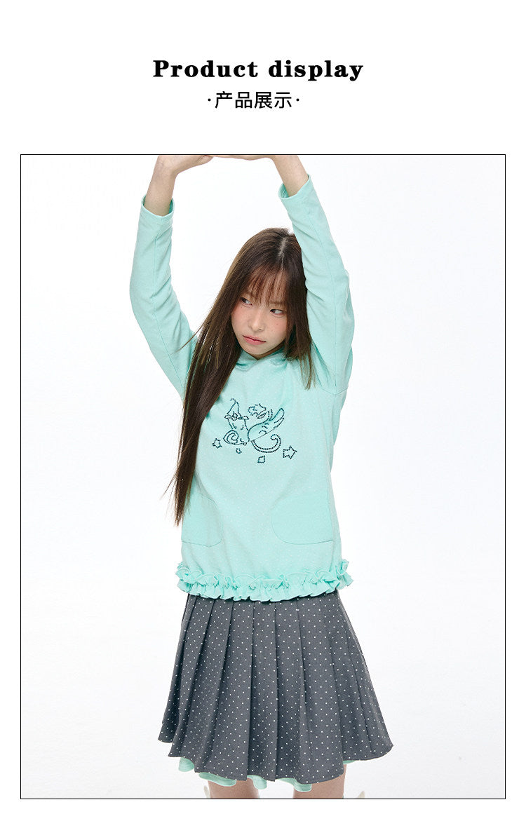Rhinestone Graphic Faux-Layer Ruffle-Hem Hoodie
