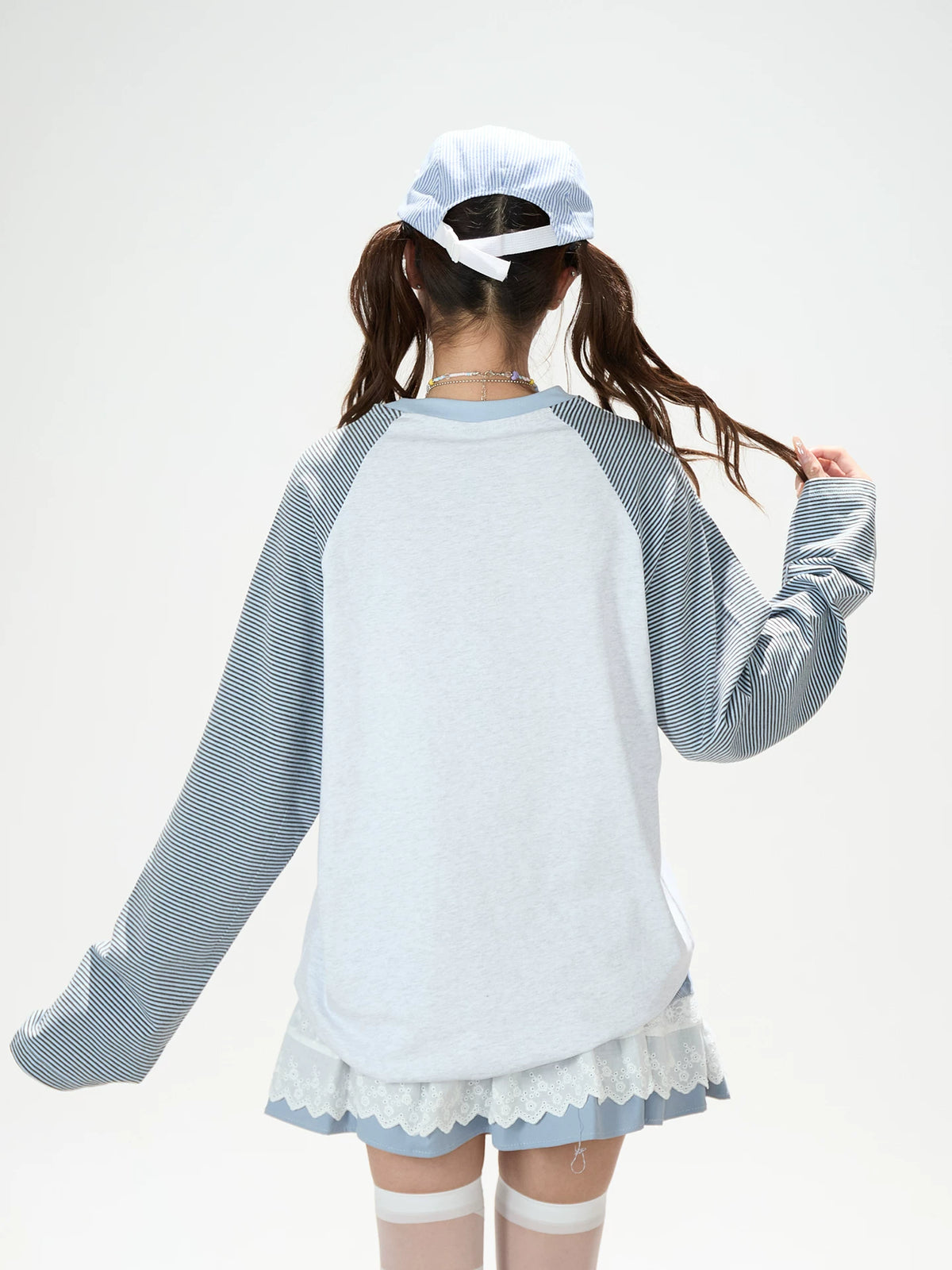 Striped Raglan Angel Graphic Long Sleeve Tee & Blue Plaid Lace Ruffle Skirt