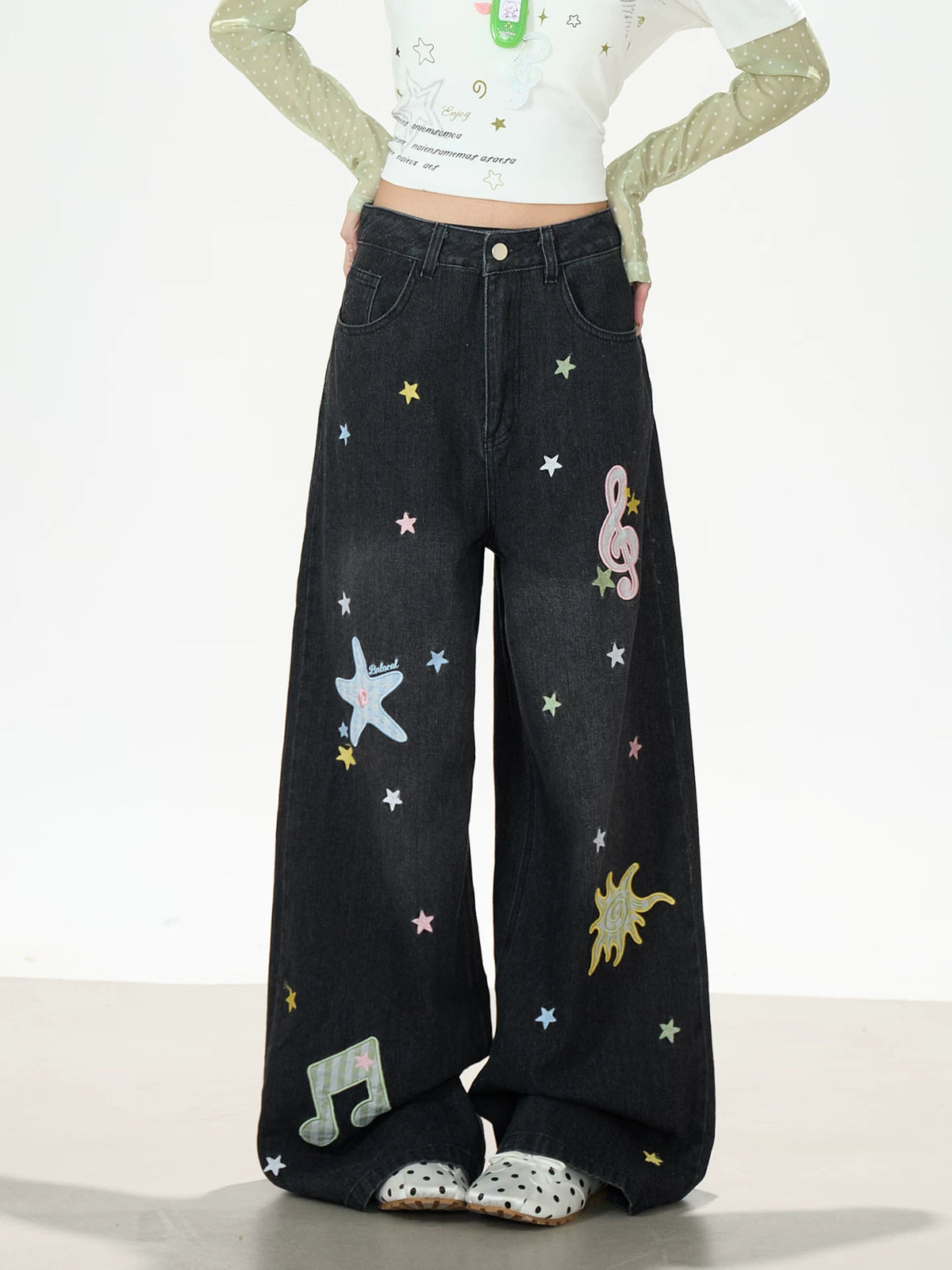Star Music Note Embroidered Washed Wide-Leg Jeans