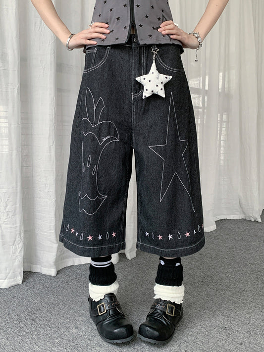 Star Embroidered Denim Capri Pants with Charm