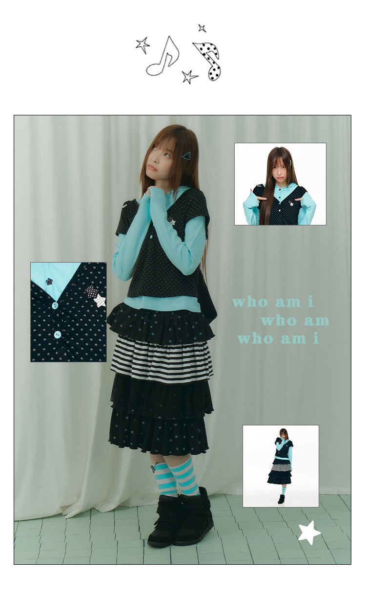 Polka Dot Faux-Layer Hooded Long Sleeve Top
