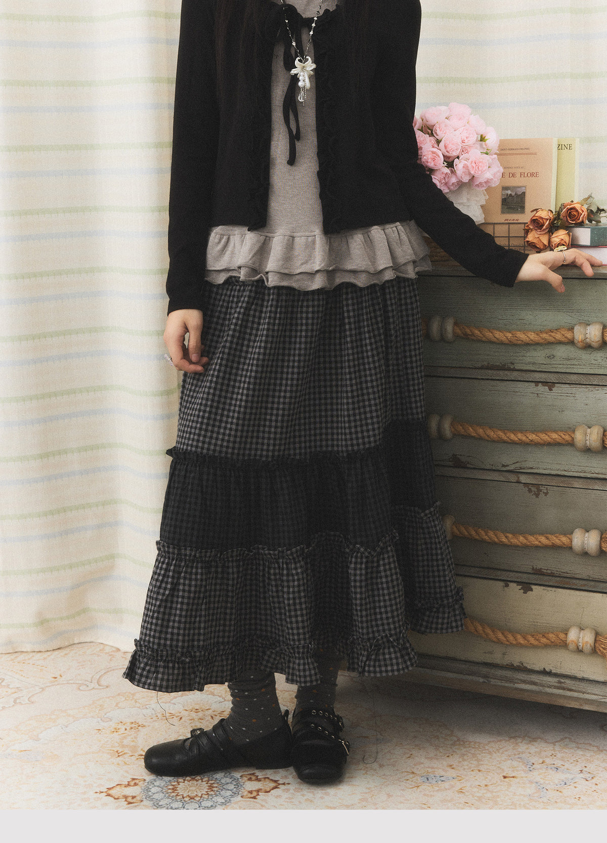 Mixed Plaid Tiered Ruffle Midi Skirt