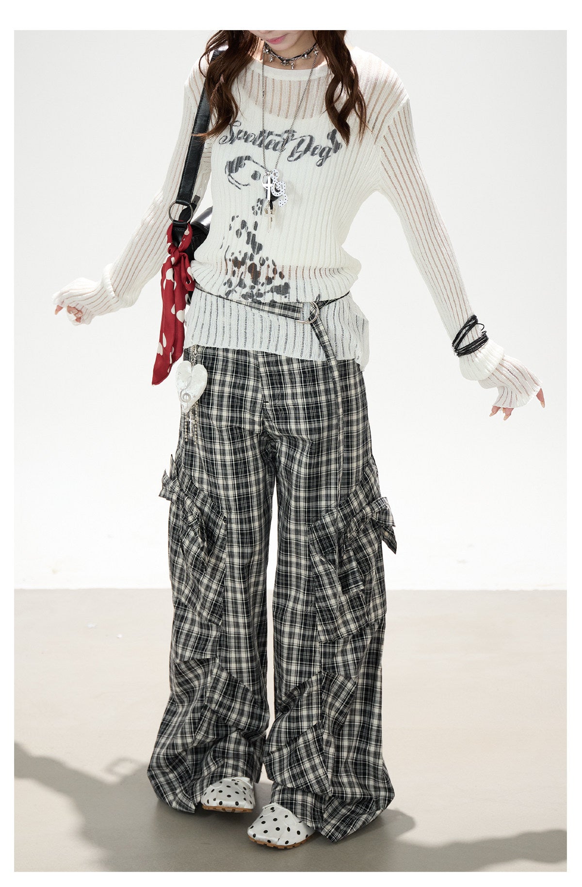 Bow Plaid Cargo Wide Leg Pants
