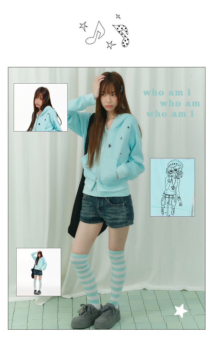 Mint Star Double-Zip Cropped Hoodie