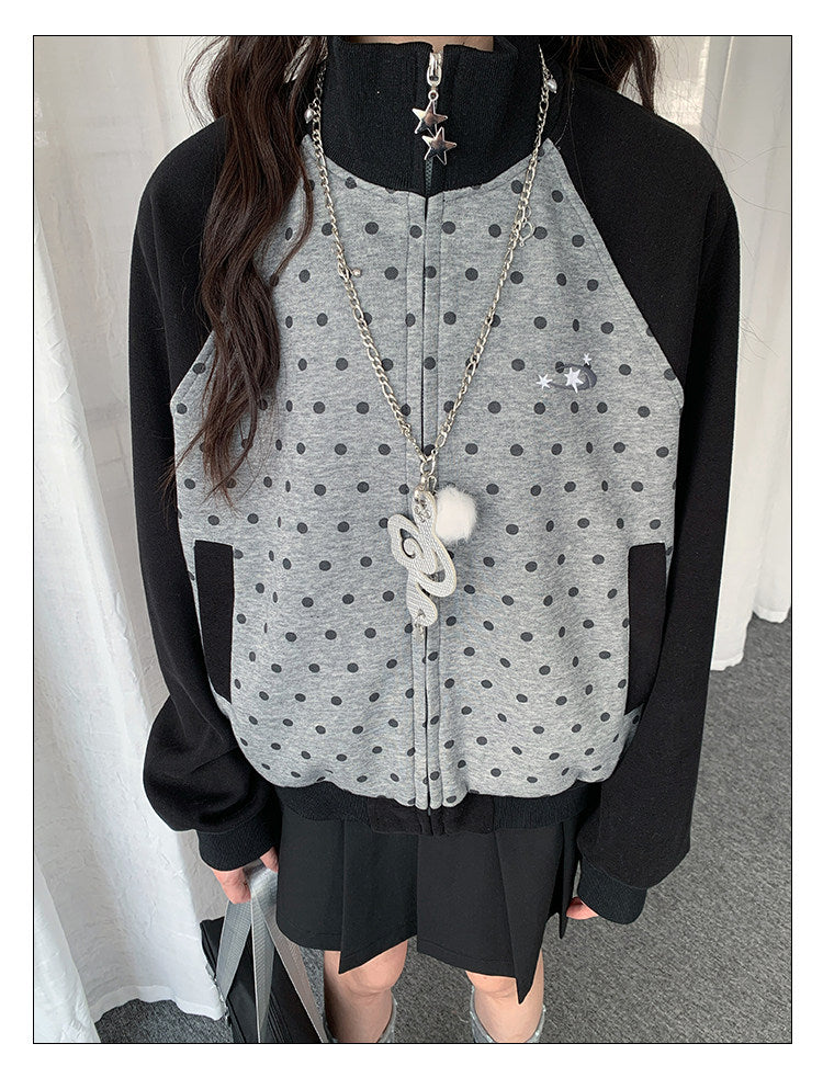 Contrast Polka Dot Zip-Up Jacket