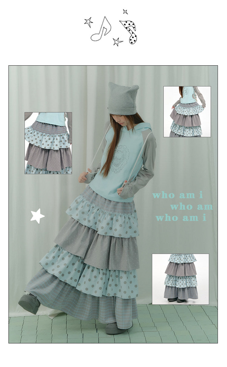 Gray-Blue Polka Dot Tiered Maxi Skirt