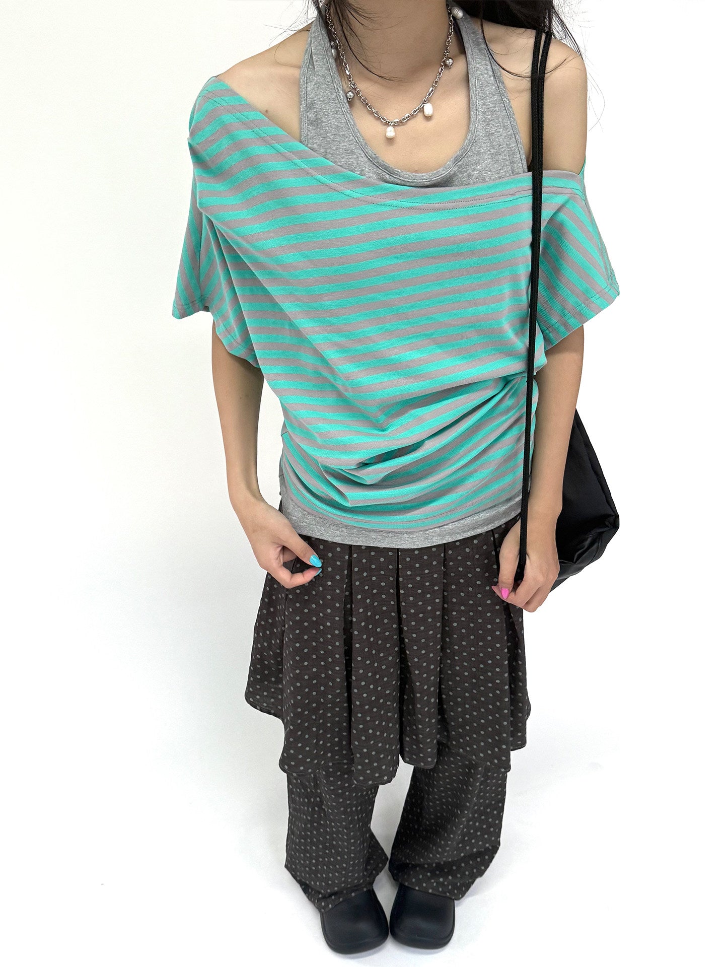 Mint Stripe Off-Shoulder Layered Halter Tee