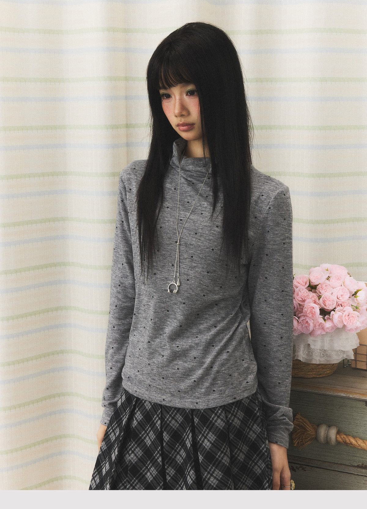 Polka Dot Mock-Neck Long Sleeve Top