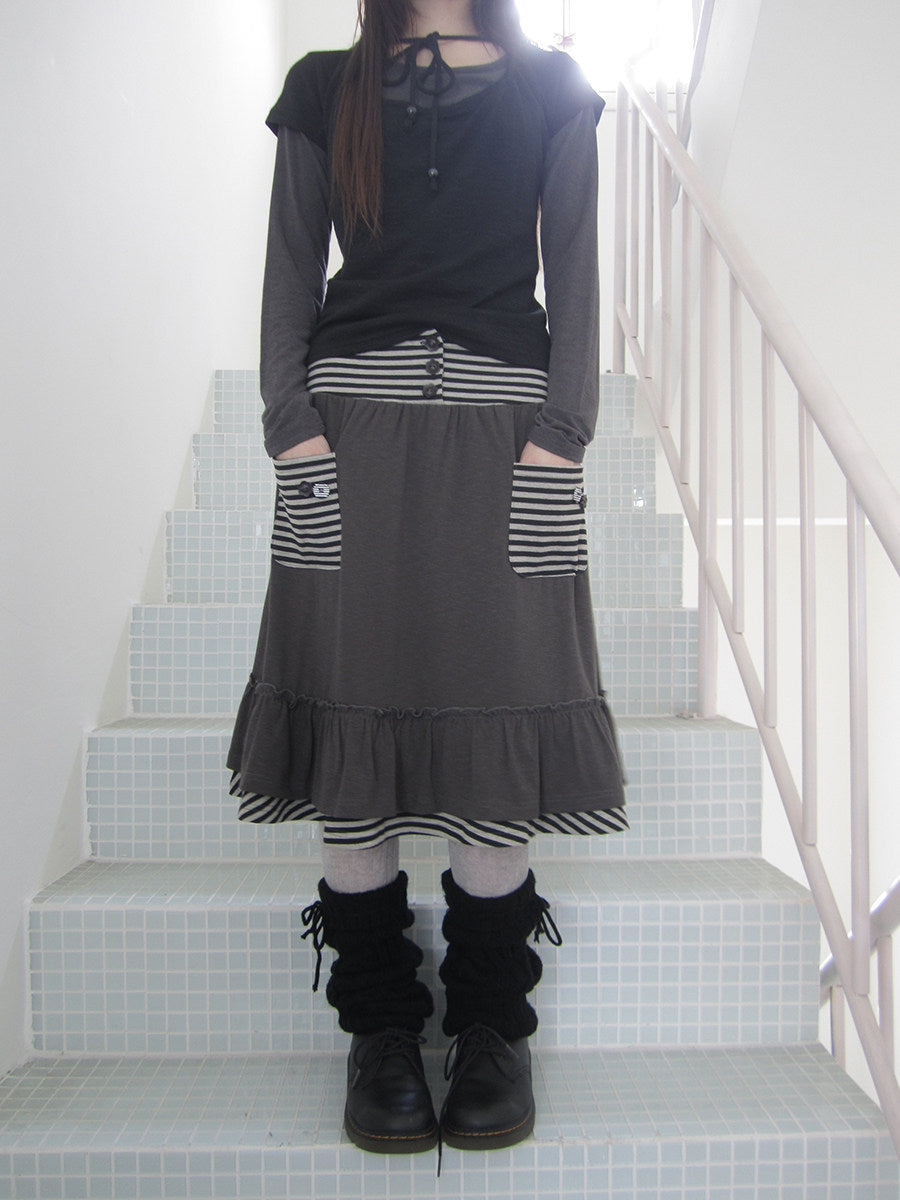 Striped Pocket Ruffle Layered Midi Skirt