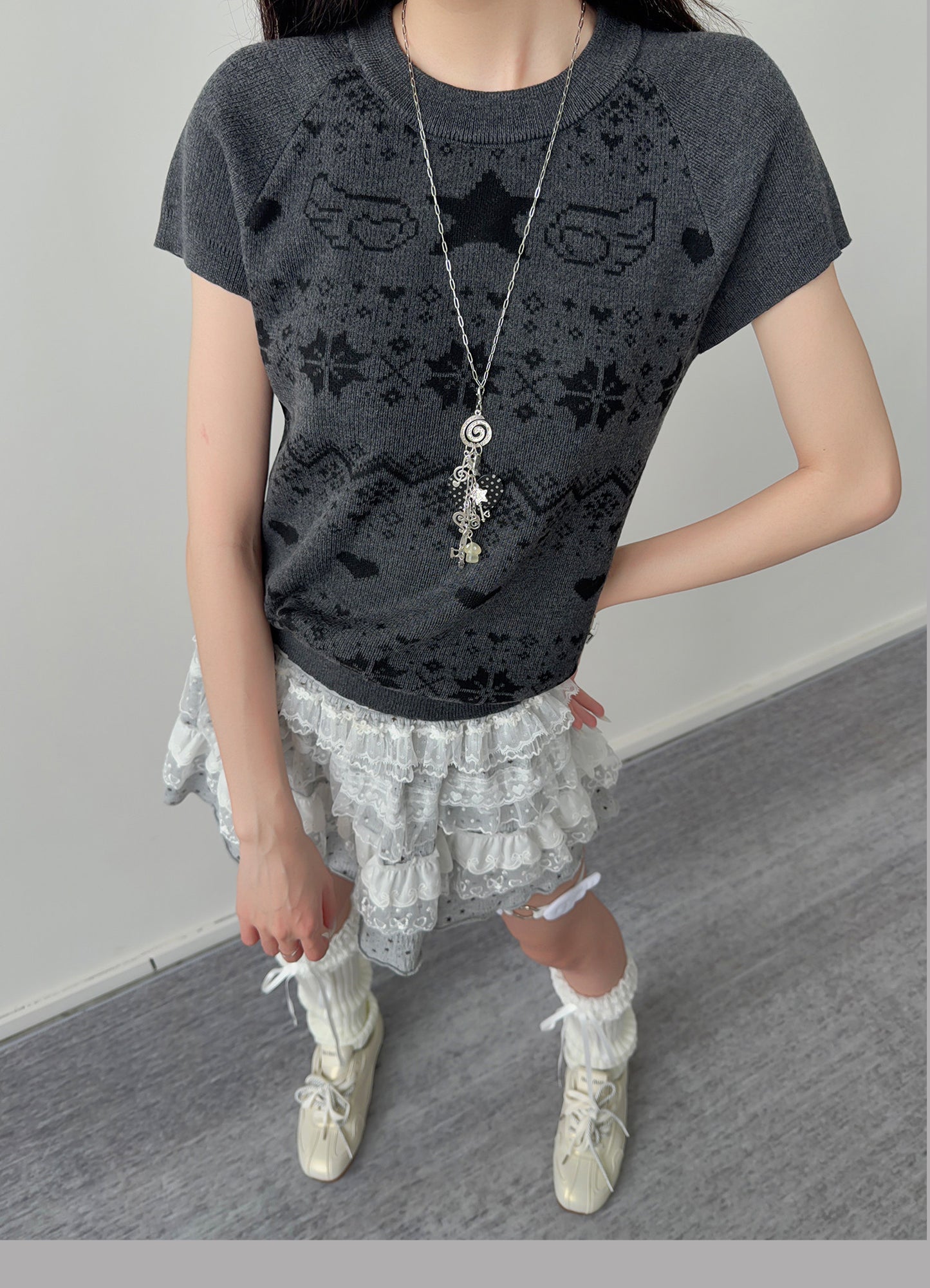 Star Wing Fair Isle Short-Sleeve Knit Top
