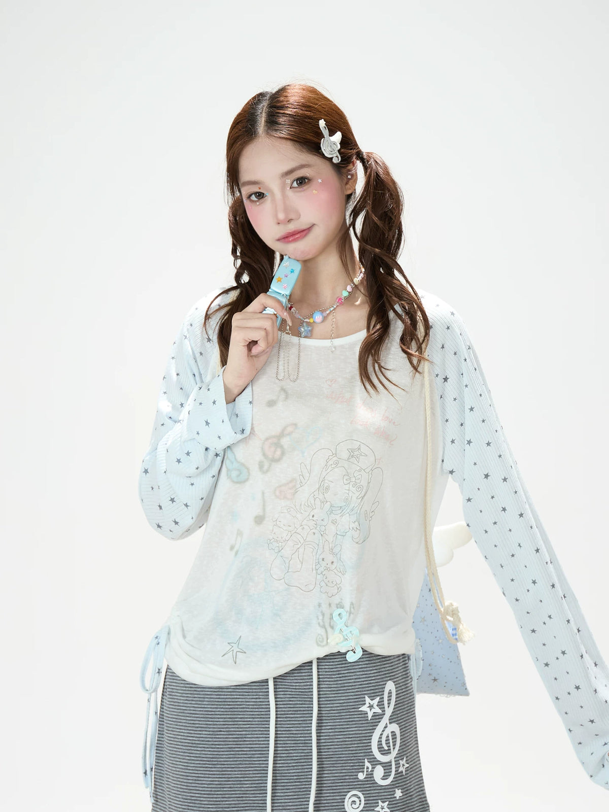 Dreamy Hand-Drawn Raglan Long Sleeve Top & Relaxed Wide-Leg Pants