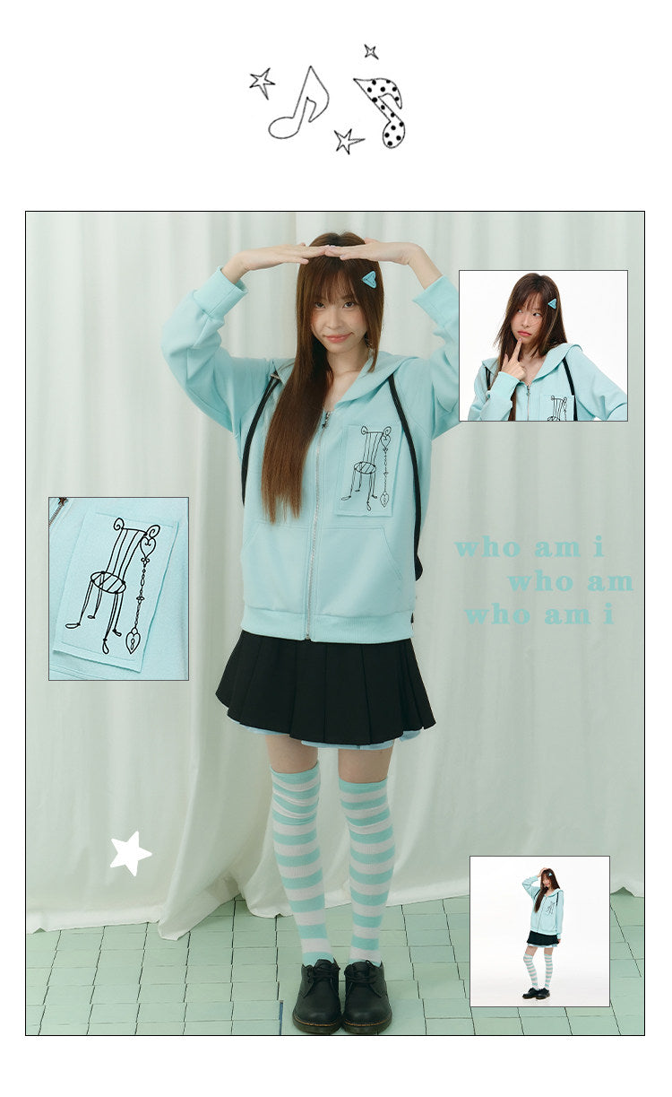 Mint Sailor-Collar Graphic Zip-Up Jacket
