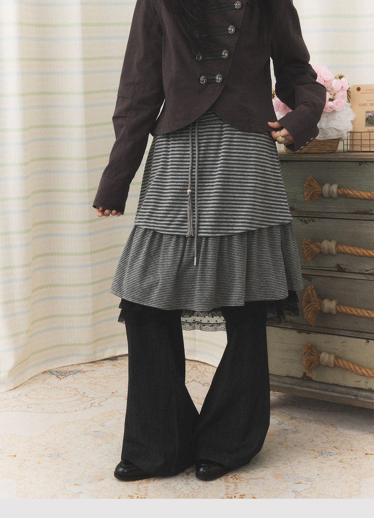 Striped Layered Skirt Wide-Leg Pants