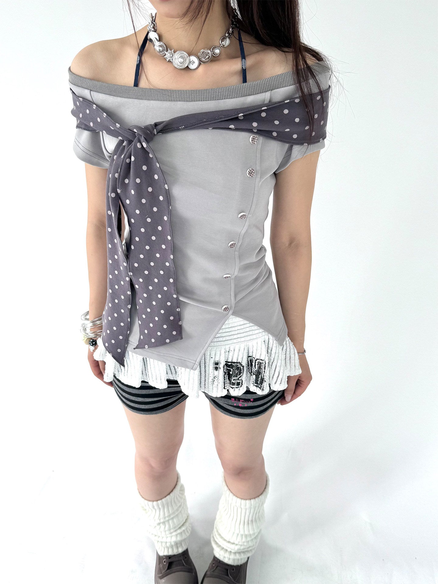 Polka Dot Tie-Wrap Off-Shoulder Fitted Top