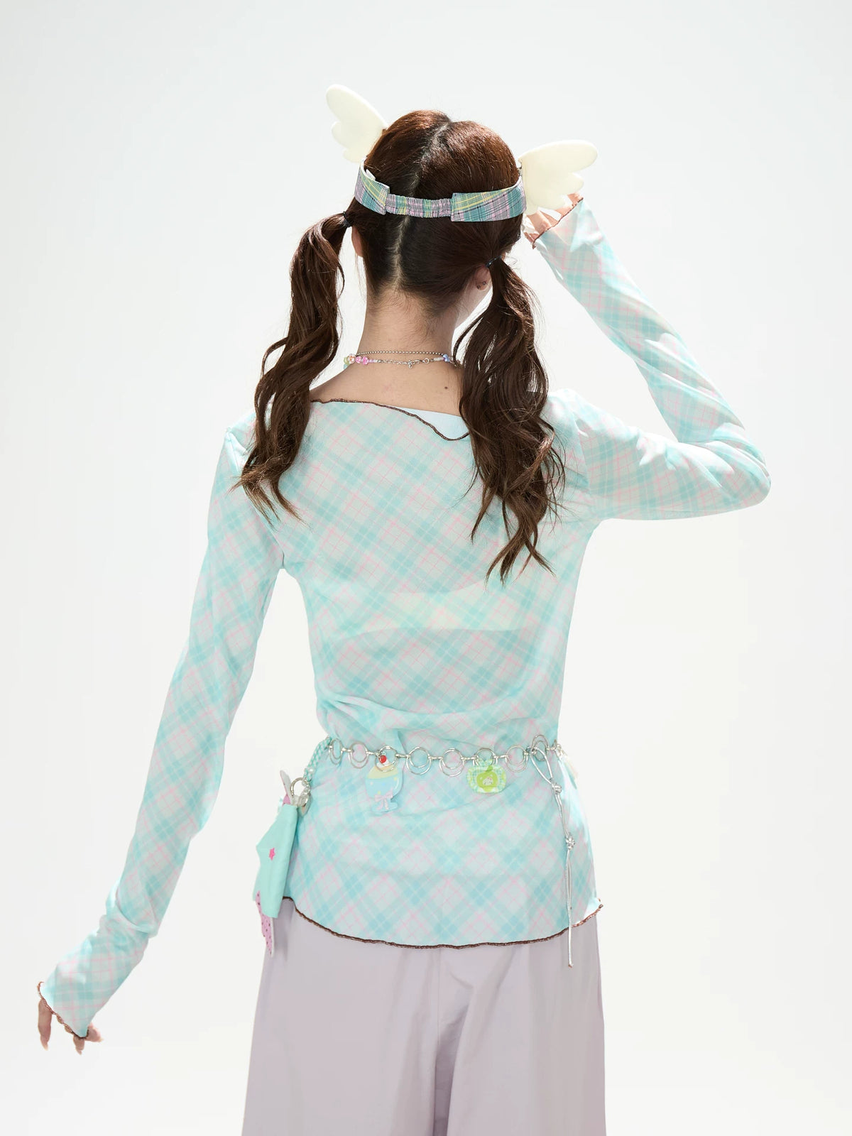 Dreamy Cartoon Plaid Long Sleeve Top & Camo Lace Midi Skirt