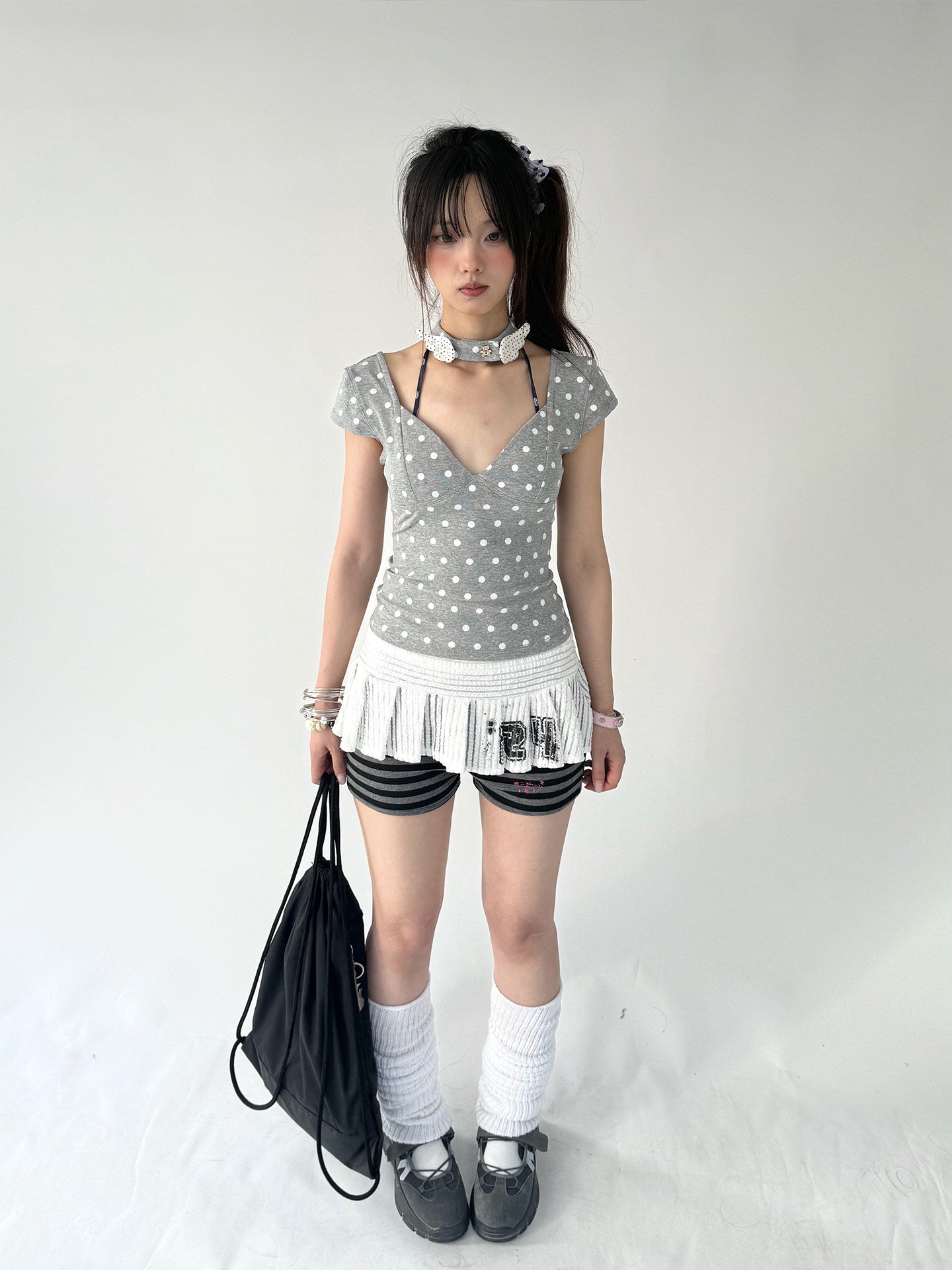 Mechanical Bear Polka Dot V-Neck Fitted Tee with Choker
