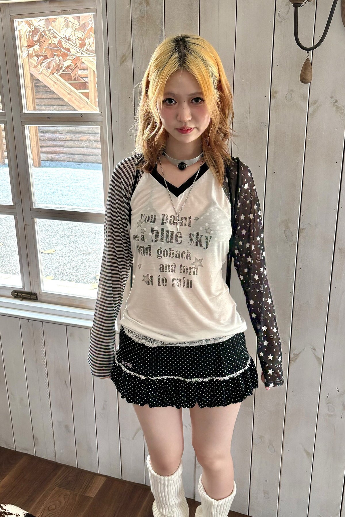 Star Mesh Stripe Contrast Lyocell Long Sleeve Top
